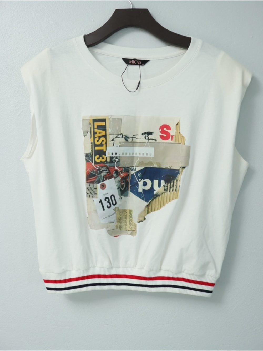 MICAS White Graphic Sleeveless Top with Striped Hem